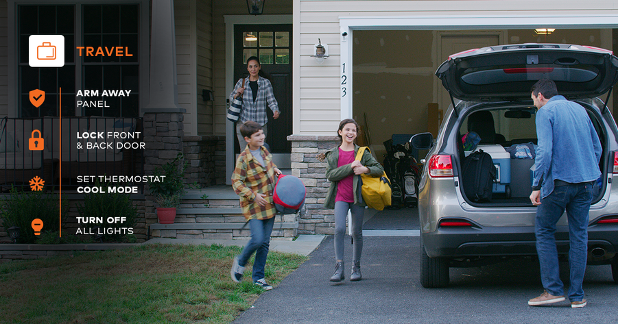 A family packing their car for a vacation with text from the Alarm.com home surveillance app overlaid on the picture. 