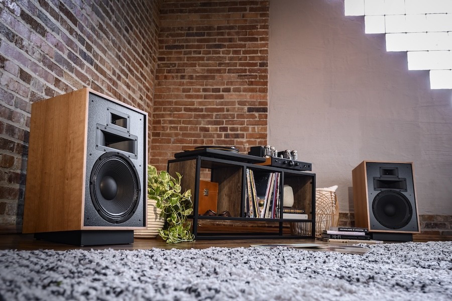 A home entertainment setup featuring Klipsch speakers.